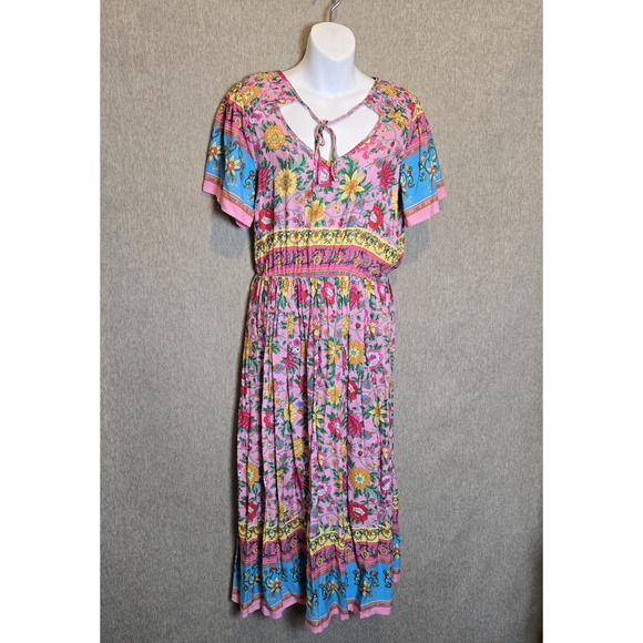 Women's Boho Floral Dress Medium Pink Blue, Tie at V-Neck - Elastic Waist Spring - Picture 8 of 11